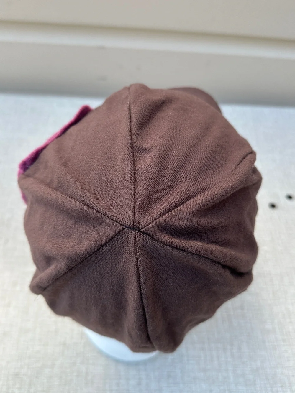 Brown & pink organic cotton blend stretch baseball style cap hat + flower accent